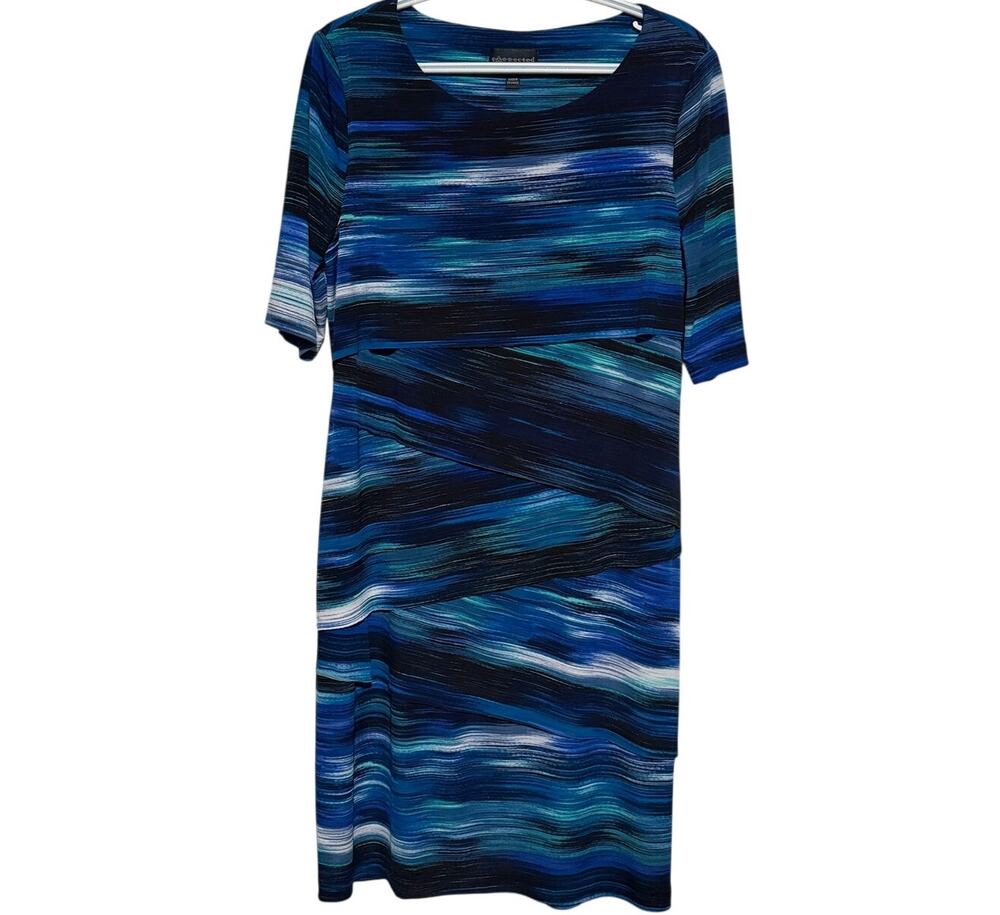 Connected Apparel Women's Blue Abstract Striped Short Sleeve Sheath Dress 12